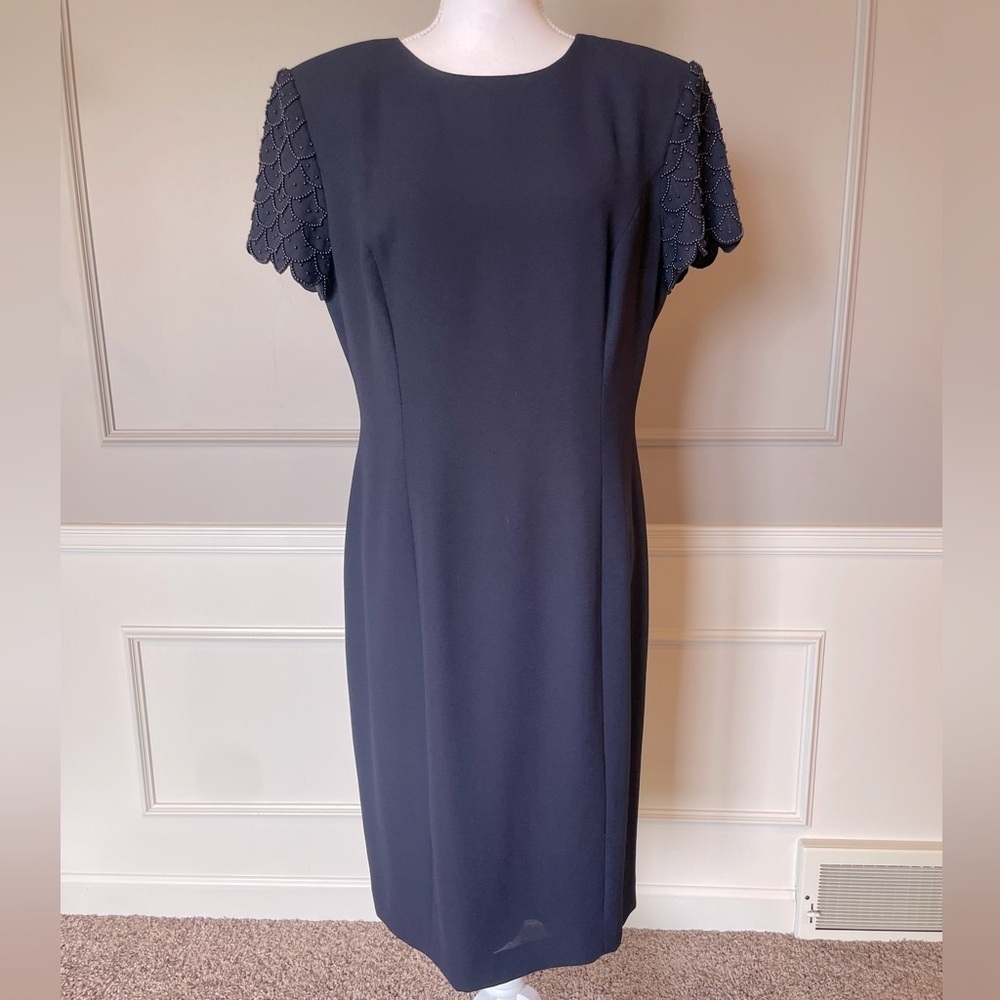 Donna Morgan Navy Blue 14 cocktail dress sheath beaded midi scalloped formal